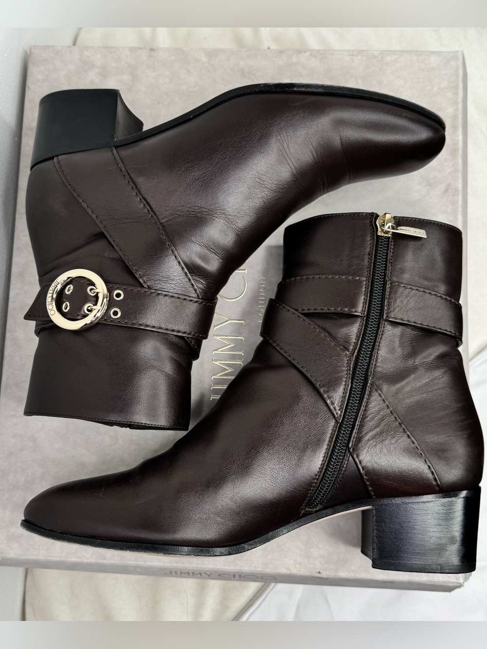 Jimmy Choo Dark Brown Leather Ankle Booties with Gold Buckle